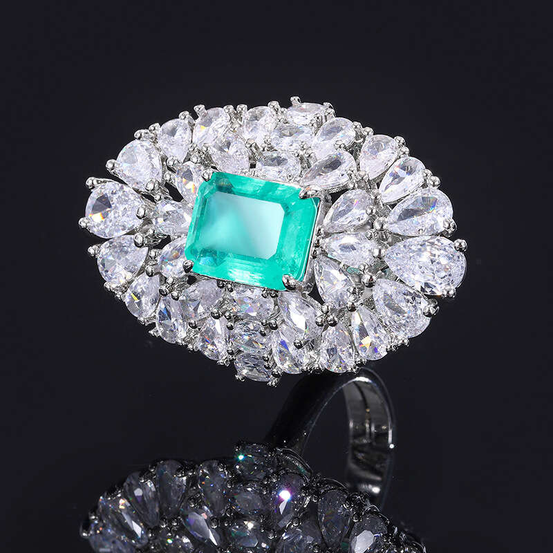 Luxurious Ring Aquamarine Zircon For Women, Copper Base With Gold Plating And Emerald Inlay 501