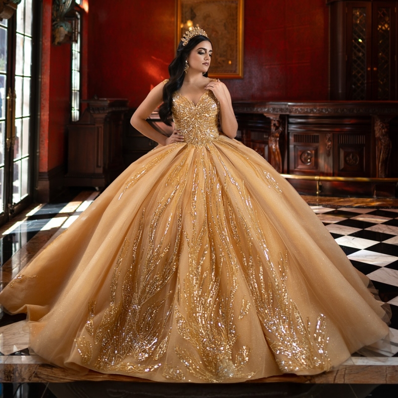 Gold Shiny Quinceanera Dresses Ball Gown Off The Shoulder Beading Crystal Tull Party Birthday Sweet 16 Dress Vestidos De 15 Anos