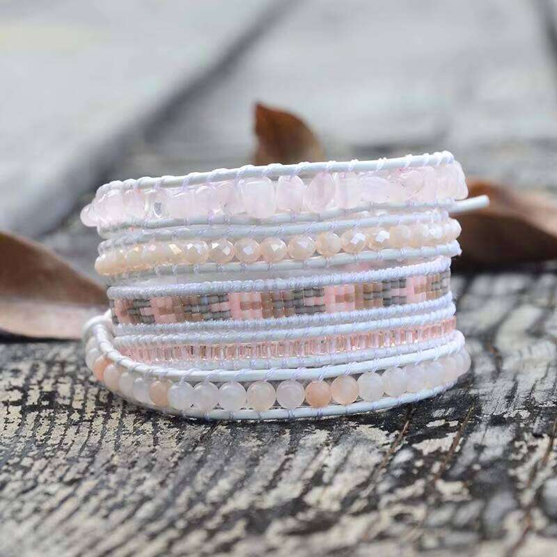 Bohemian Woven Fully Handmade Miyuki Seed Beads Rose Quartz Leather Bracelet Jewelry