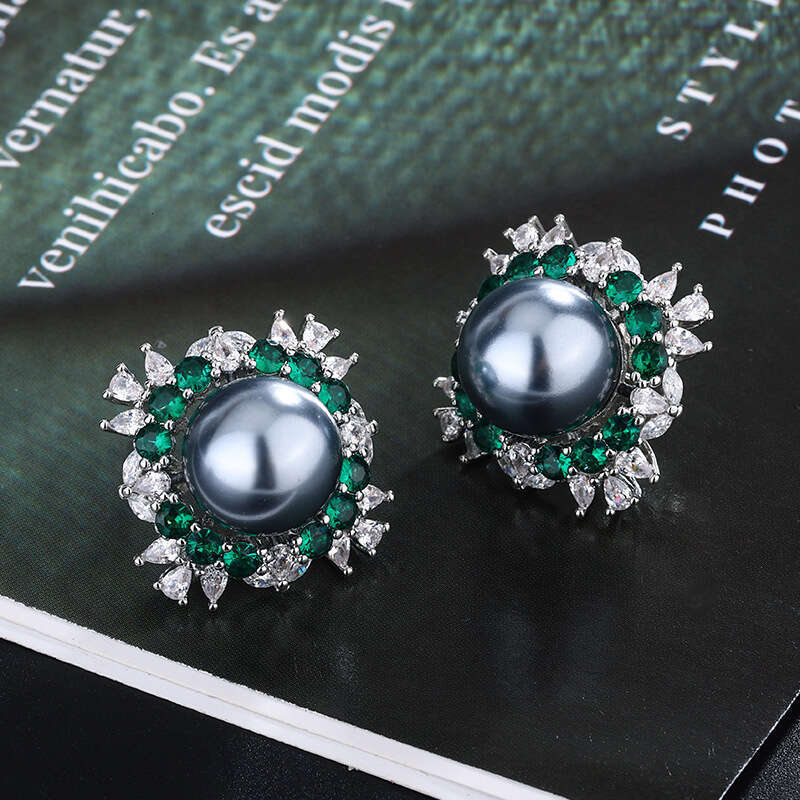 Emerald Jewelry Palace Style New Colorful Set Gray Pearl Sier Needle Earrings Ring Necklace F08