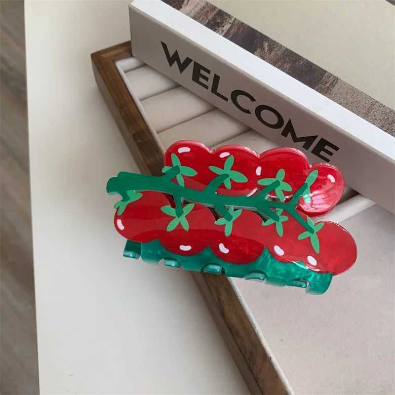 Red Cherry Tomatoes Double Sided Printed Shark Hair Clip Claw For Women Girls New Acrylic Fixed Ponytail Hairpin Hair Accessory Y250707