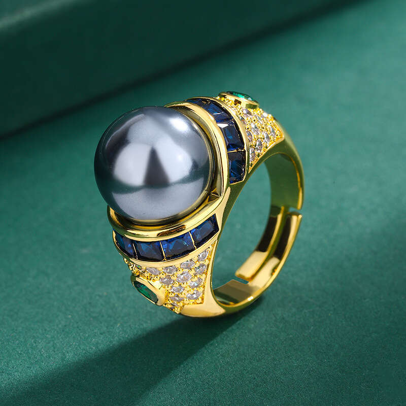 Huayoumei Gold-Plated Light Luxury Enamel Zircon Tahitian Gray Pearl Ring E2f