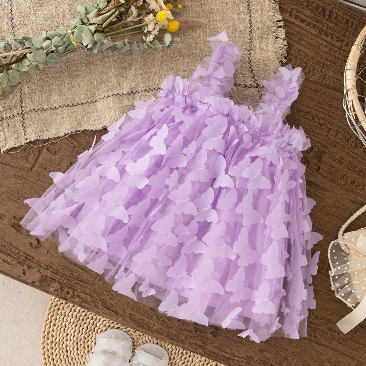 Baby Girl Dress Summer Full Print Butterfly Halter Solid Color Fluffy Girl Kids Dress Cute Casual Beach Kids Dresses R250707