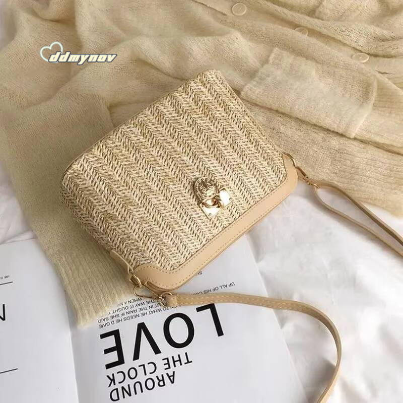 Casual Chains Straw Bucket 2025 Women Summer Messenger Rattan Bags Beach Lady Travel Purses and Handbags Shoulder Bag ddmynov