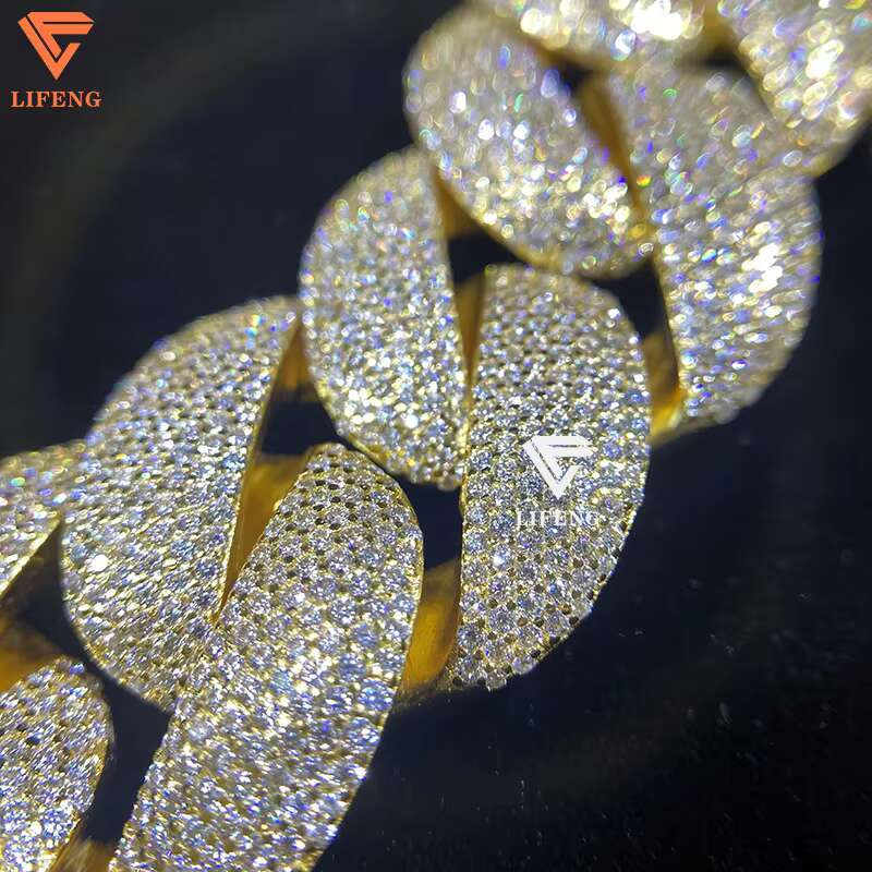 New Fashion 925 Silver Moissanite Diamond Necklace 25mm Ice Bubble Chain Gold Plated Cuban Link Alloy for Men for Hip-hop