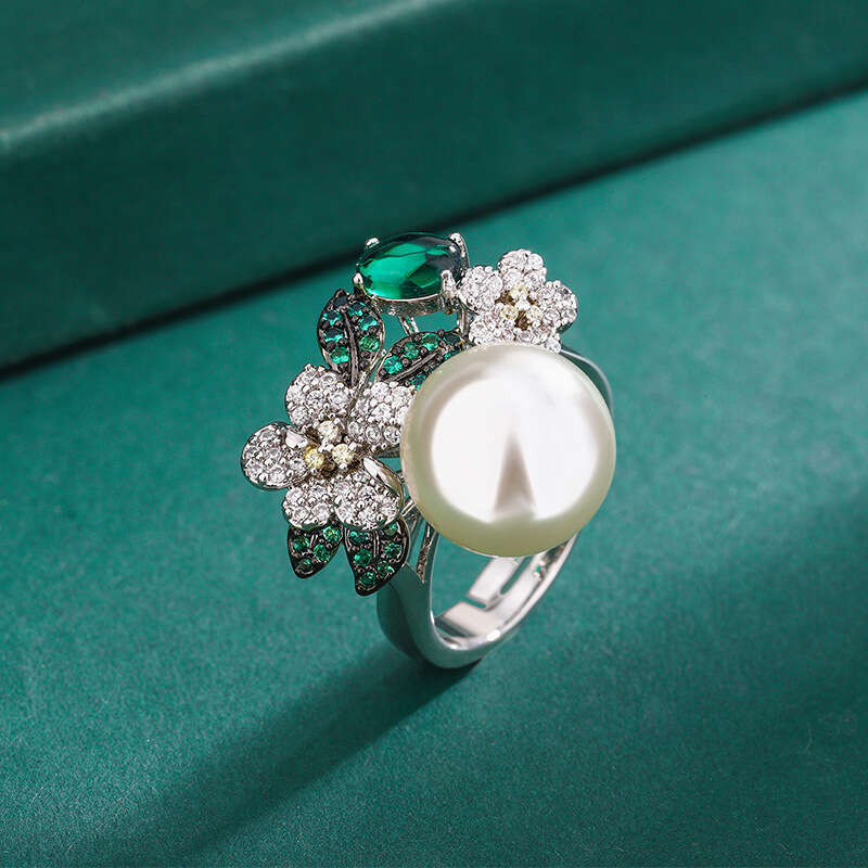 Huayoumei Jewelry Fashion With Diamond Inlay White Flower Open Zircon Pearl Ring 9Fe