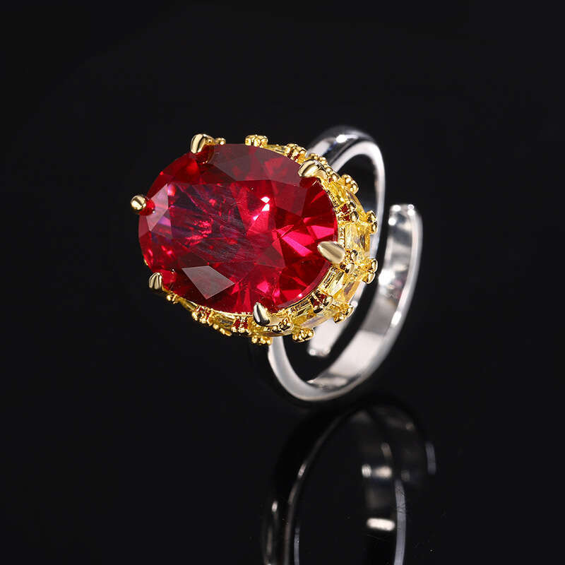 Gold-Plated Copper Full Small Square Oval Egg-Shaped Large Pink Diamond Ring Fashion Luxury Red Corundum Emerald Women's Cfd