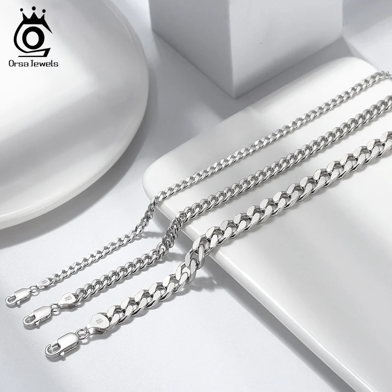 ORSA JEWELS m 5mm 7mm Cuban Chain Necklace Bracelet 100% 925 Sterling Silver Diamond Cut Cuban Link Curb Chain Necklace SC36 250702