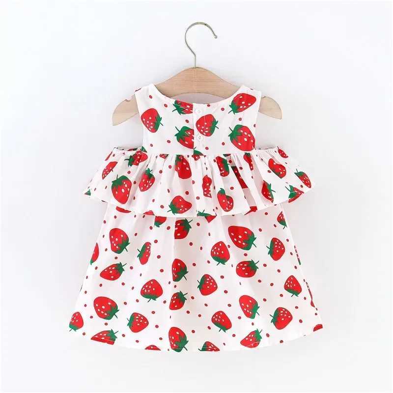 Summer New Girls Dress Strawberry Pattern Polka Dot Lace Pleated Round Neck Sweet Dress (0-3 Years Old Girls) R250707