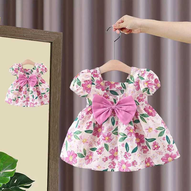 Baby Girl Summer Clothes Bow and Floral Pattern Bubble Sleeve Gentle Baby Girl Dress Cute Casual Vacation Baby Dresses R250707
