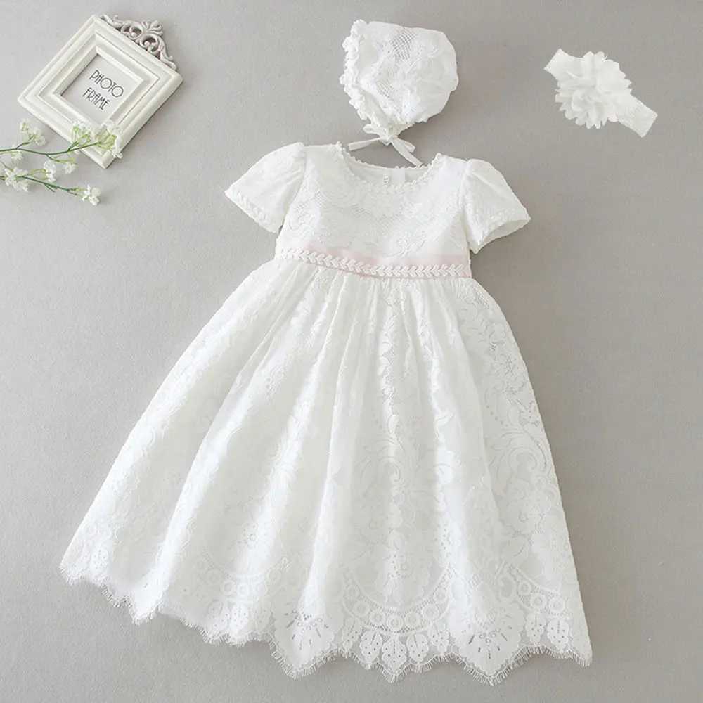 Hetiso White Infant Dress for Baptism Baby Girls Lace Dresses with Hat Kids Clothes Christening Birthday Outfits 3-24 Months R250707