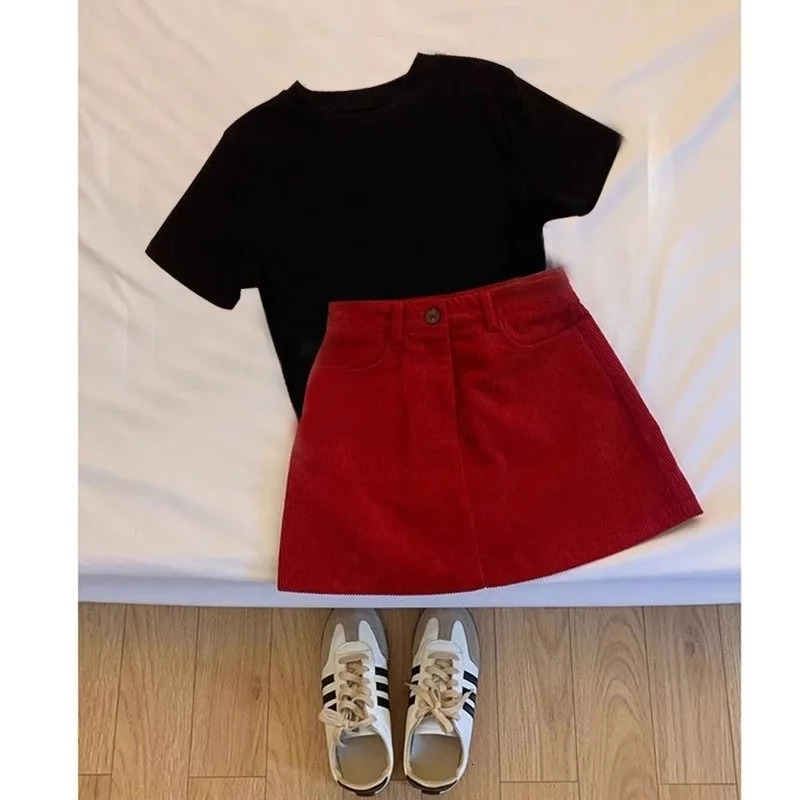 Summer Womens Fashion plus Size Korean Style Red Short Sleeve Top And Half Skirt Two Piece Set Slimming Effect Ensemble 250611
