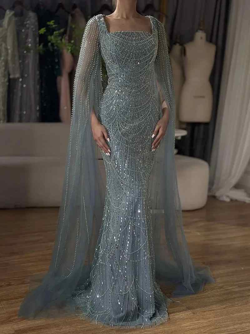 Customized Sage Green Mermaid Prom Evening Dress Square Neck Beaded Cape Sleeves Women Occasion Gown Plus Size For Special Occasion vestido de novia