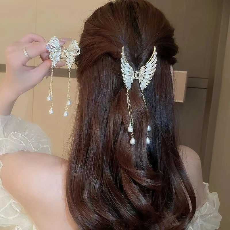 Super Fairy Butterfly Tassel Grab Pearl Tassel Hair Claws Rhinestone Clip Korean Shark Ponytail Crab Clip Girls Hair Accessories Y250707
