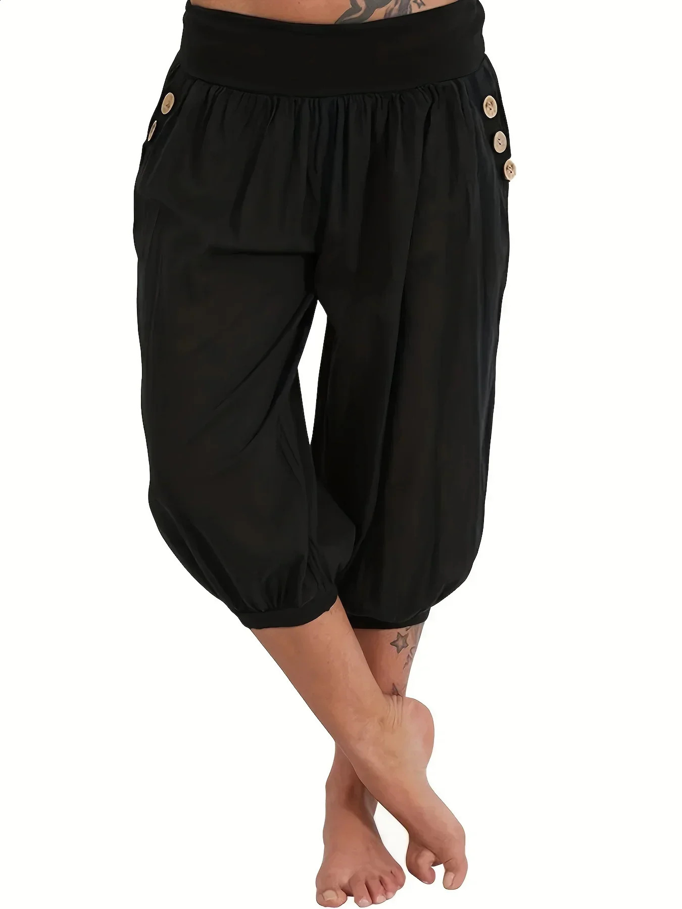 Plus Size 1XL5XL Womens Elastic Waist Crop Sweatpants with Pocket Loose Casual Summer s Rolled Bottoms Cropped Pants 250628