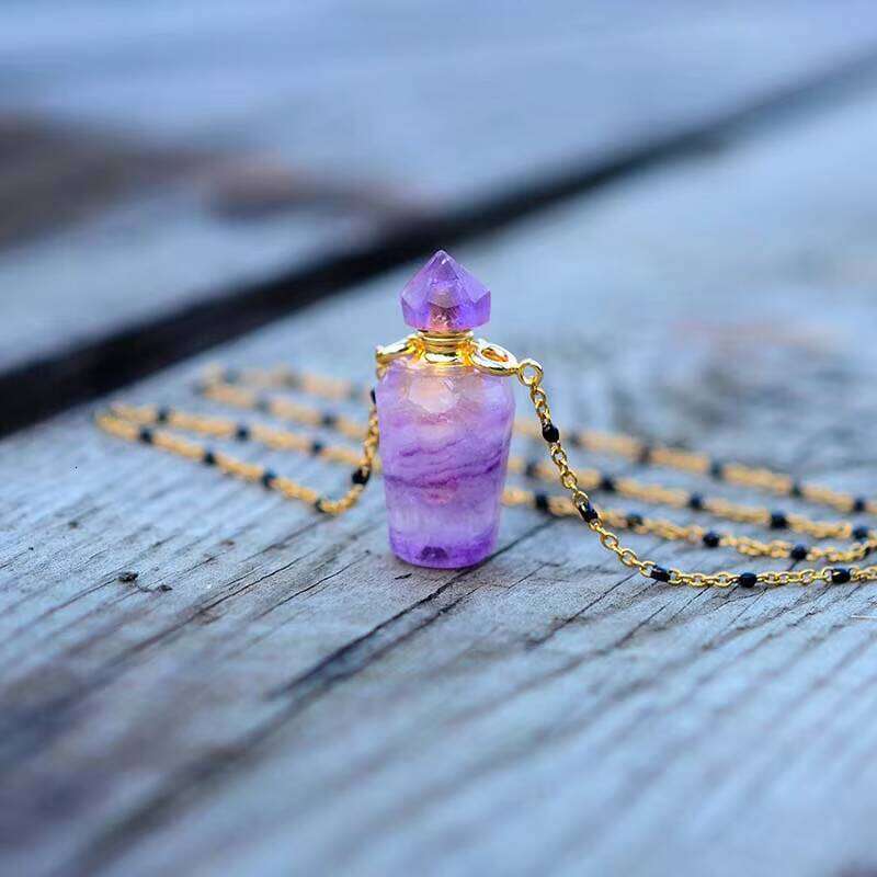 Perfume Pendant Chakra Natural Amethyst Stone Magical Oil Bottle Necklace