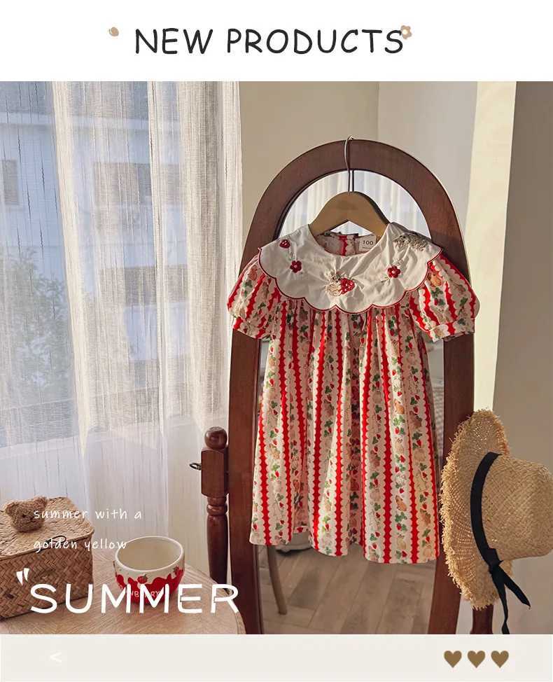 2025 Summer New Flower Collar Rabbit Embroidered Girls Dress with Bubble Sleeves Sweet Childrens Princess Skirt Korean Edition R250707