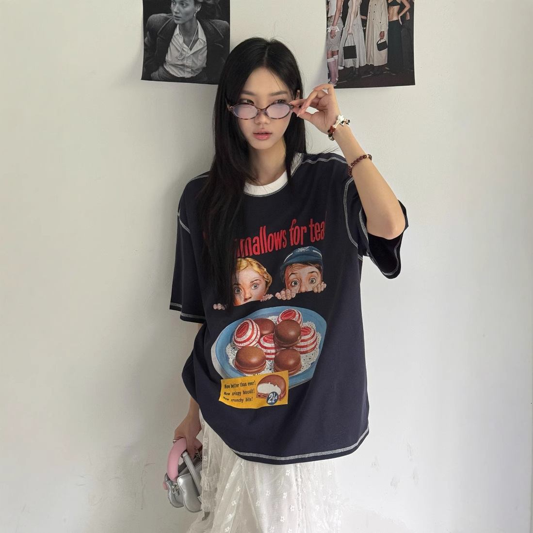 2025 Summer new women's T-shirt retro style distressed color block cartoon spray fashion short sleeved women's T-shirt new designer T-shirt
