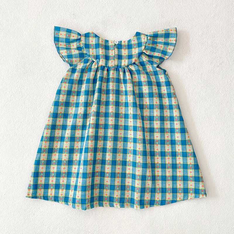 New Girls Flower Print Princess Dresses Baby Embroidery Party Dress with Wooden Ear Edge Plaid Casual Kids Clothes Fashion Summer Wear R250707