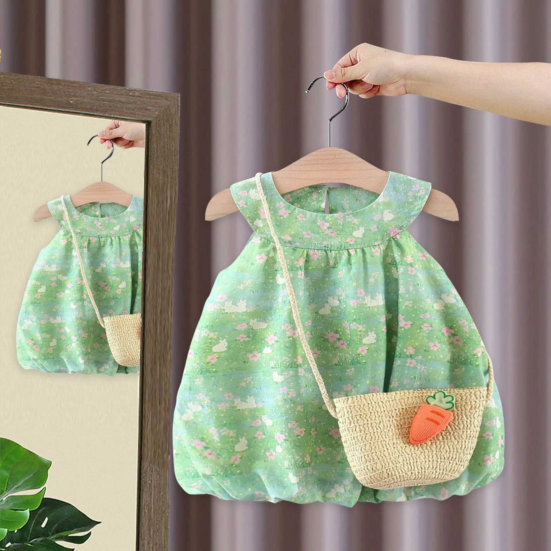 Summer Rabbit Tulip Printed Sleeveless Dress for Kids Girl Cute Flower Bud Princess Dress for Baby Kids R250707