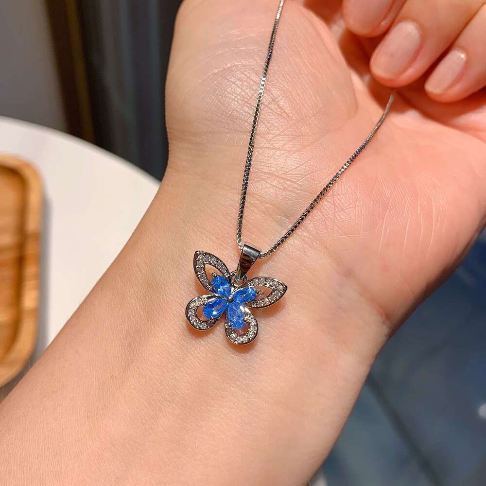 Douyin Live S Sier Needle Sea Blue Dia Butterfly Three-Piece Set Bracelet Necklace Ring Earrings Wedding Jewelry E03