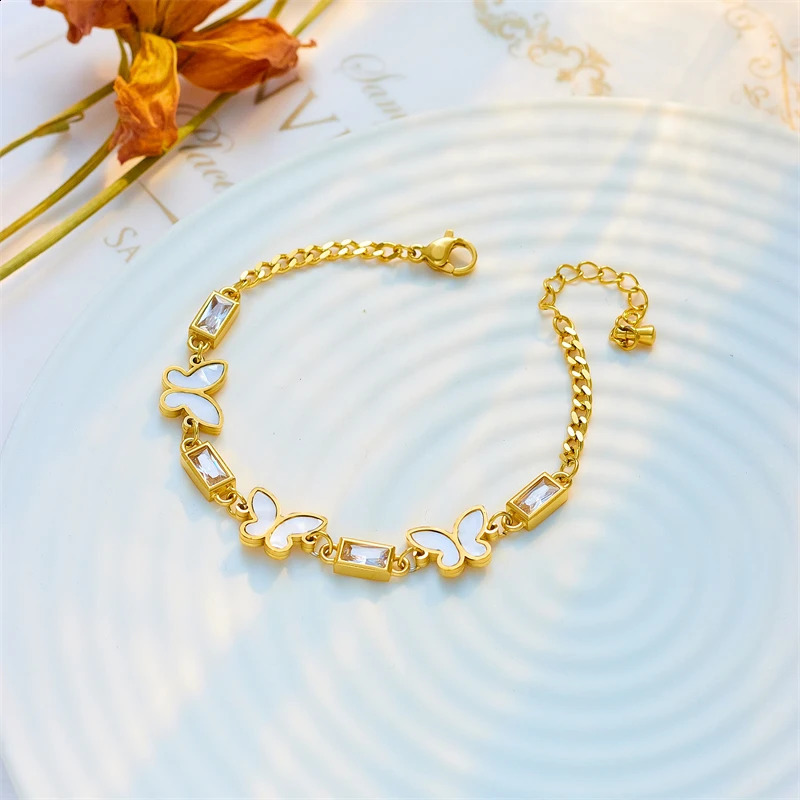 DIEYURO 316L Stainless Steel White Square Crystal Butterfly Charm Bracelet For Women Fashion Girls Bangles Jewelry Gifts 250707