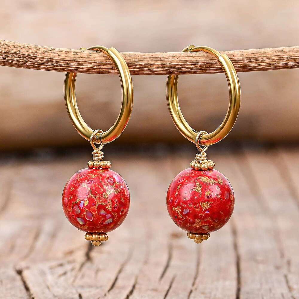 New Lacquered Earrings Handmade Stainless Steel Painted Wooden Bead Jewelry for Women