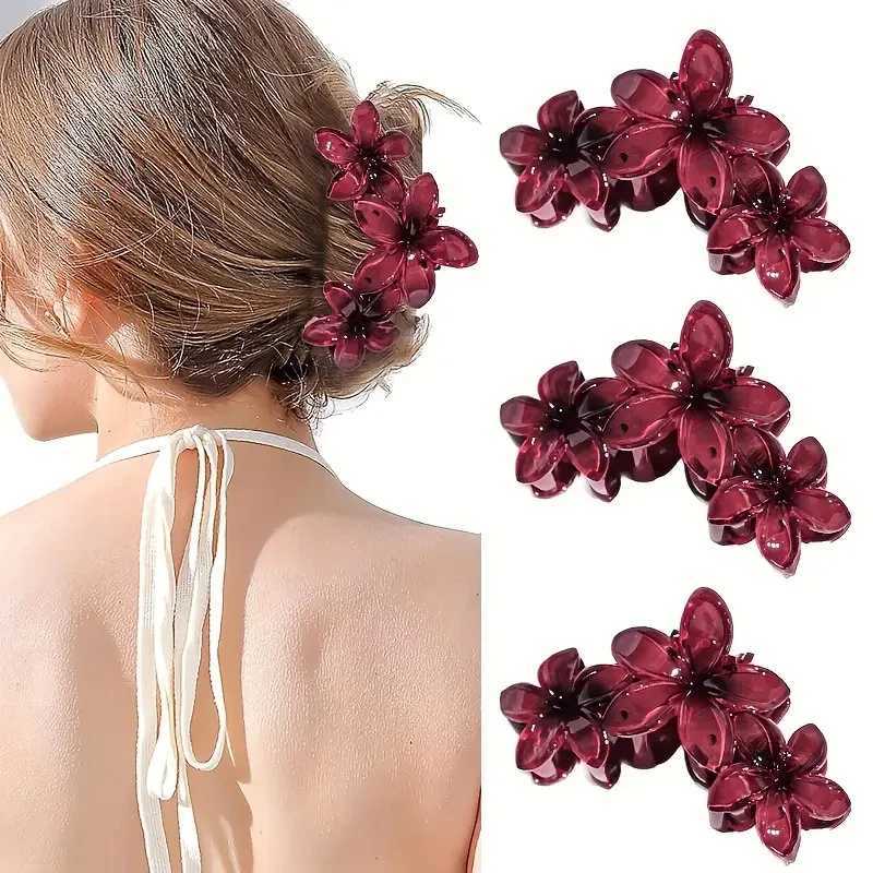 New Wine Red Flowers Hair Claw Clips Egg Blossoms Shark Claw Elegant Party Ponytail Fashion Hair Clip Hair Accessories for Women Z250707