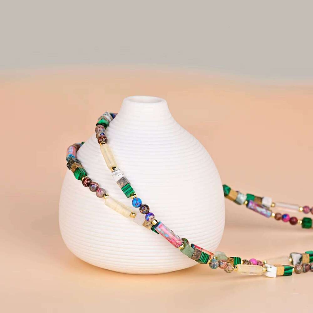 Bohemian Double-Layer Beaded Handmade Jewelry with Malachite Imperial Jasper Stone Necklace