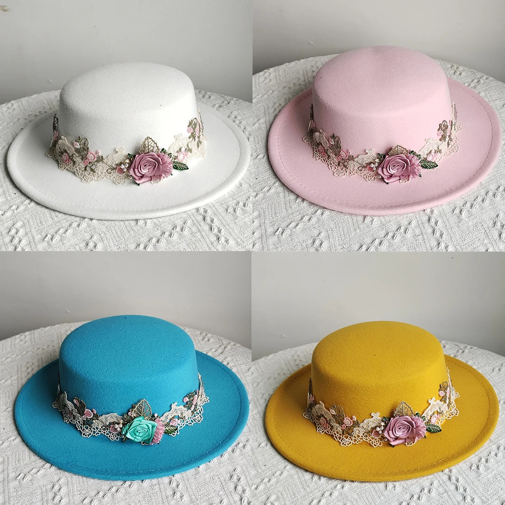 Flower Elegant Womens Hat Dome Fedora Party Felt Women Church Wide Brim Wedding Summer Sun Hat 250707