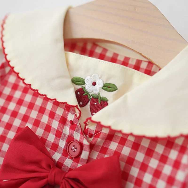 Baby Girl Summer Dress Red Checkered Cotton Sleeveless Cute Cherry Embroidery Bow Girl Princess Dress R250707