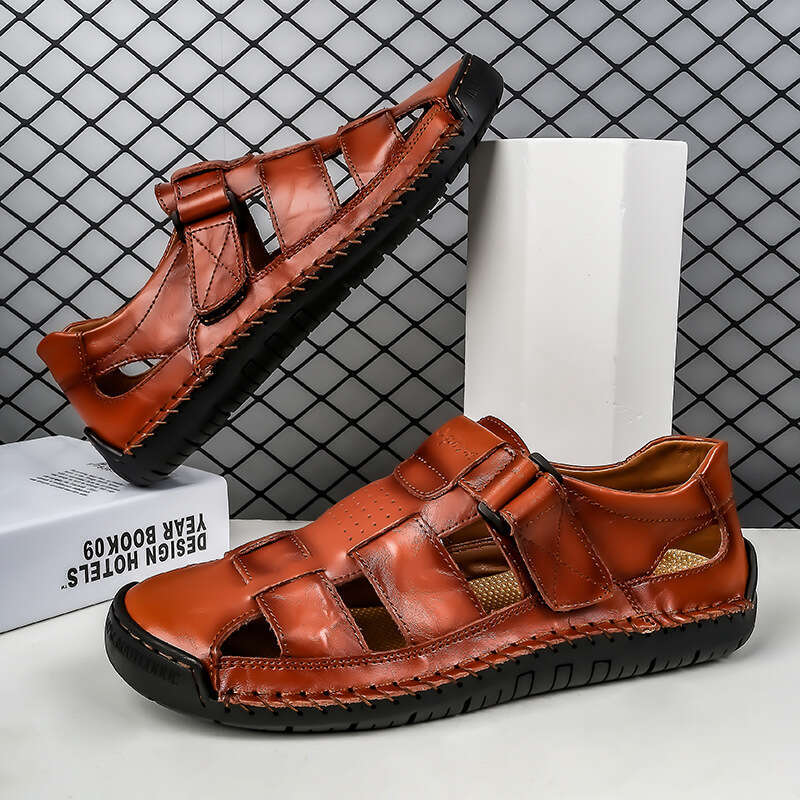 Genuine Leather Cowhide Stitched Slippers for Men 2024 Summer New Outdoor Men's Beach Sandals Trendy