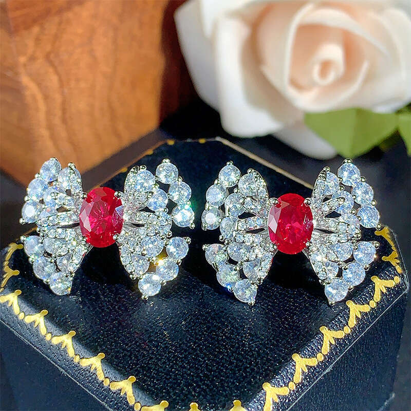 New Style Jewelry Set Necklace Earrings Ring Red Fashion Light Zircon Versatile Women's 3Fa