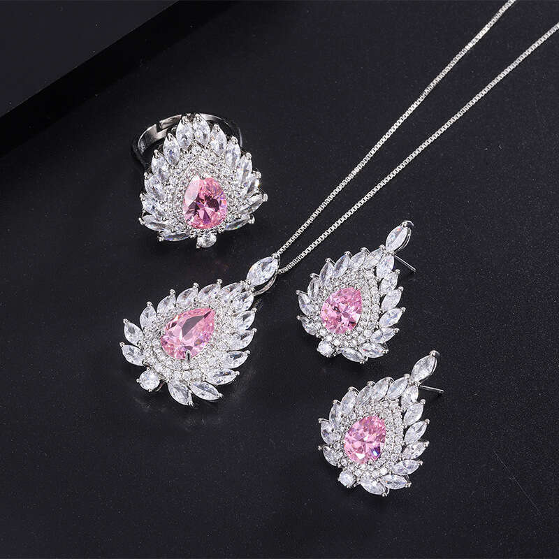 S Sier Needle Trendy Imitation Jewelry Accessories Set High-End Pink Dia Earrings Ring Pendant For Women 590