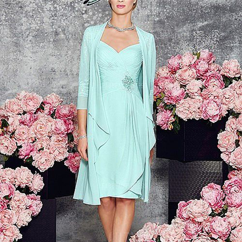 Classic Two Pieces Sky Blue Mother of the Bride Dresses Lace Mother Gowns with Jacket Wedding Party Gowns Knee Length