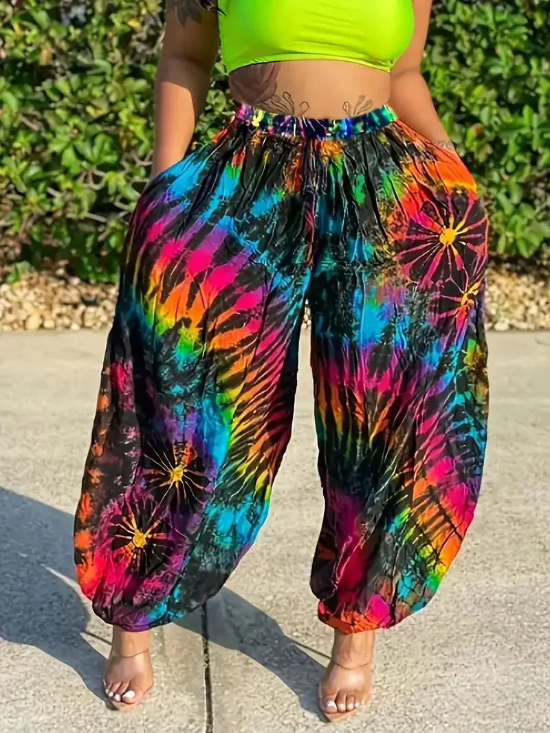 Plus Size 1XL5XL Women Fashion Tie Dye Comfort Wide Leg Pants Female Casual Vacation High Waisted Loose Long Trousers 250628