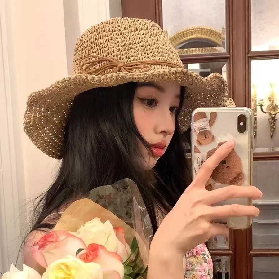 New Holiday Beach Fisherman Hat Seaside Sun Protection Sun Hat Large Brim Bow Woven Straw Hat Women Panama Chapeau Korean Y250707