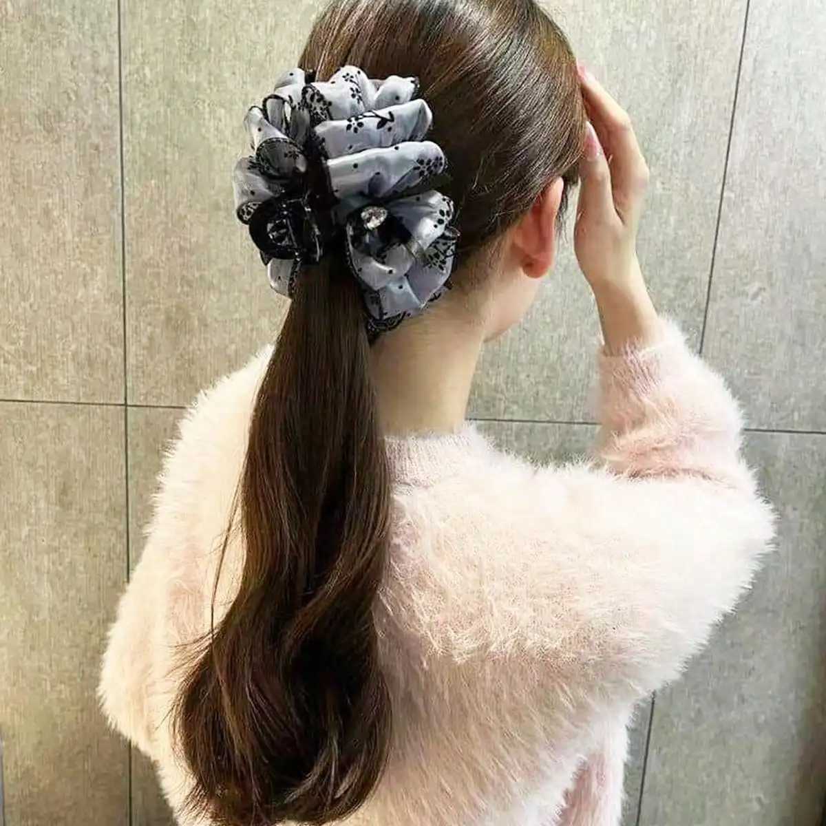 1pc womens multi-color rhinestone heart embellishment mesh bow hair clip double-sided bubble grip clip fluffy hair claw Z250707