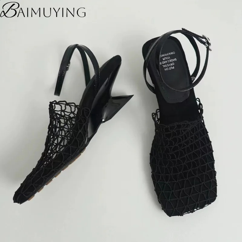 Weave Mesh Women Heeled Sandals Hollow High Heels Shoes Woman Square Toe Slingback 2025 Summer Trend Beach Pumps Sandalias Mujer 250703