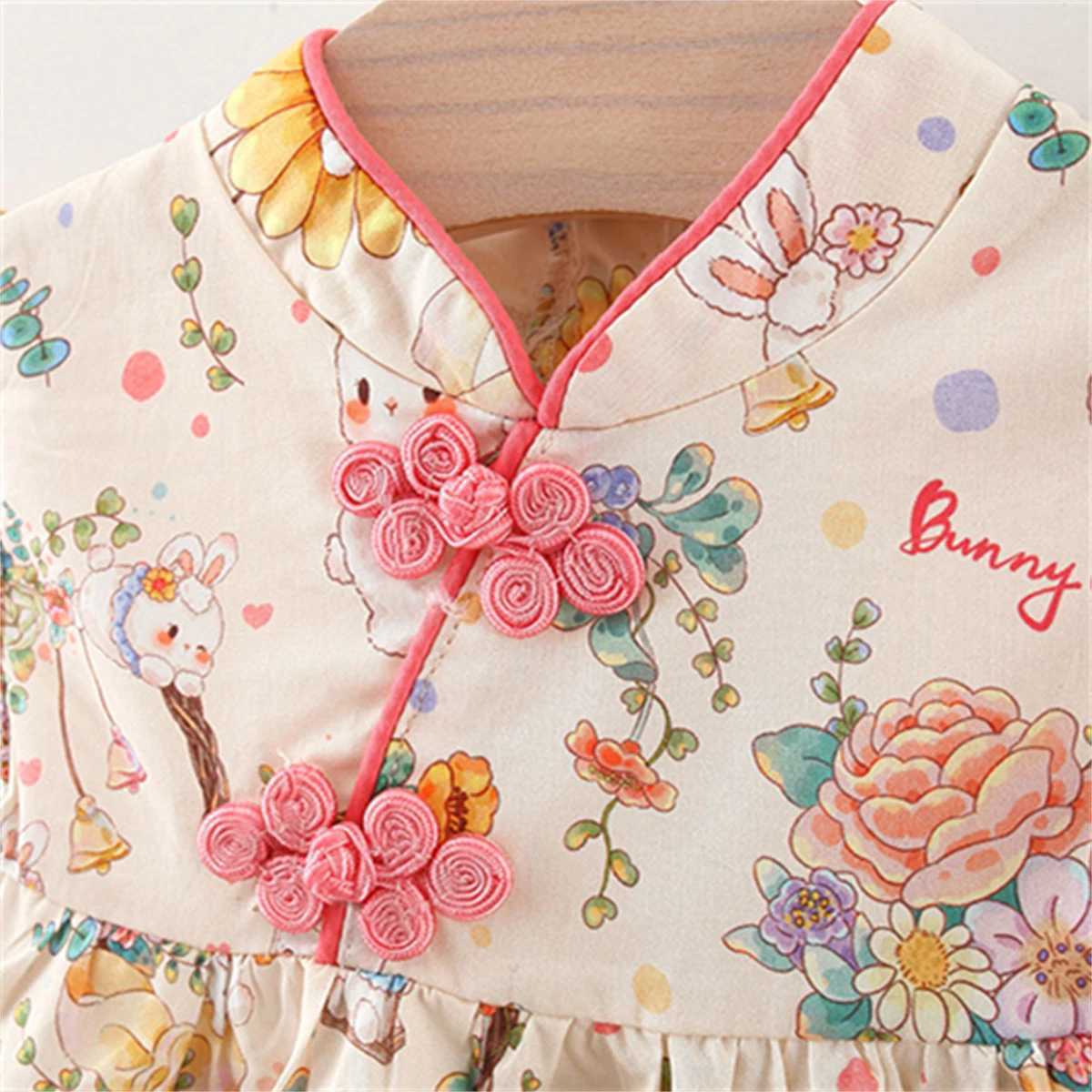 Summer Chinese Style Girls Dress Baby Girls Cartoon Bunny Flower Print Small Fly Sleeves Stand Collar Button Princess Dress R250707
