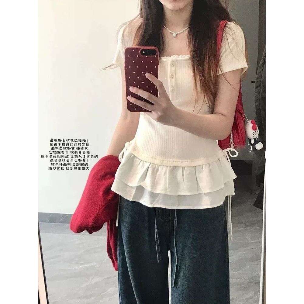 Lace Trim U-Neck Regular Shoulder Short Sleeve T-Shirt For Women Summer New Design Slim Fit Sweet Style Trendy Top B5