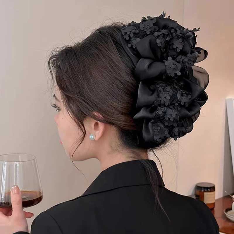 Elegance Temperament Large Claw Clip Multilayer Bow Black Fabric Ribbon Claw Jaw Clips Ponytail Hairpin Women Hair Accessories Z250707