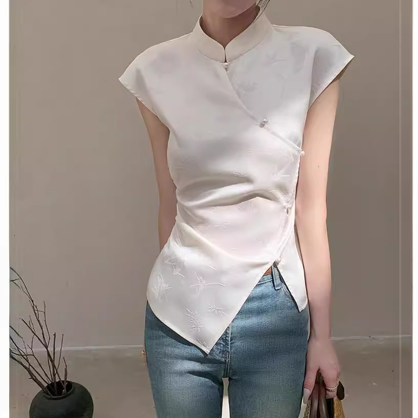 2025 Summer New Women's T-shirt Rice White Sleeveless New Chinese Ethnic Style Women's T-shirt Summer Slimming Unique Top New Designer T-shi