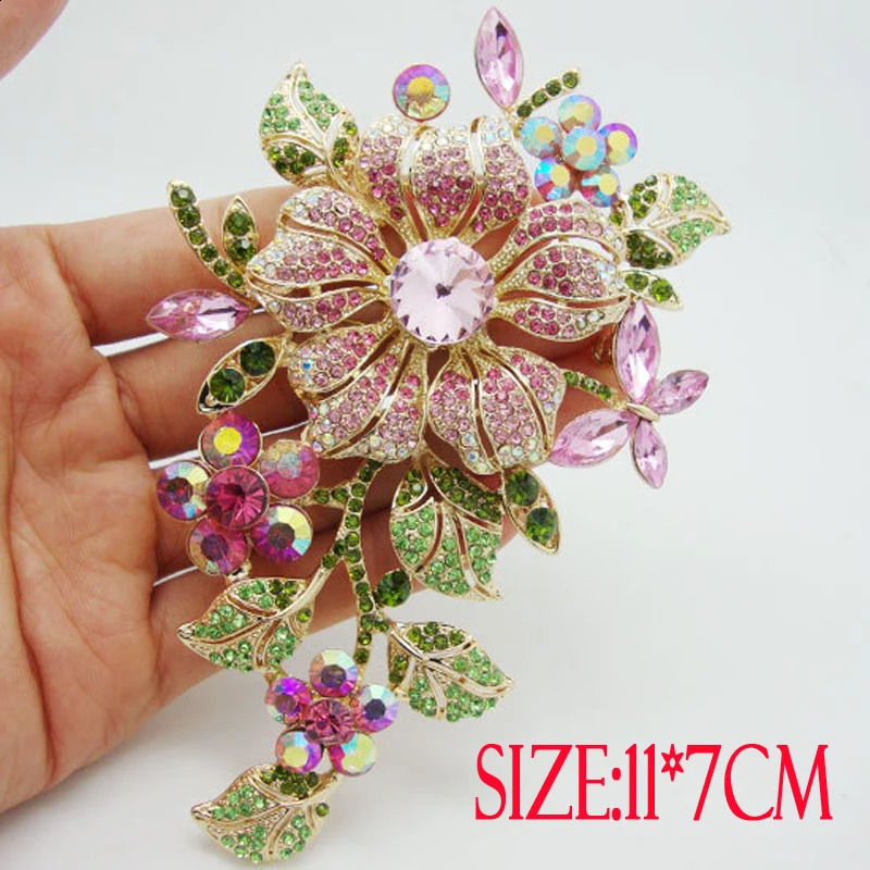 Big Elegant Pink Crystal Flower Brooch Pin Romantic Wedding Bride Bridesmaid Large Brooches For Woman Jewelry 250625