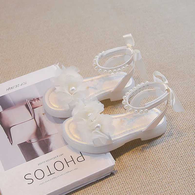 Girls Pearls Sandals with Lace Beaded Princess Kids Gladiator Sandals Princess Sweet 2024 Summer Kids Beach Shoes with Bow-knot R250707