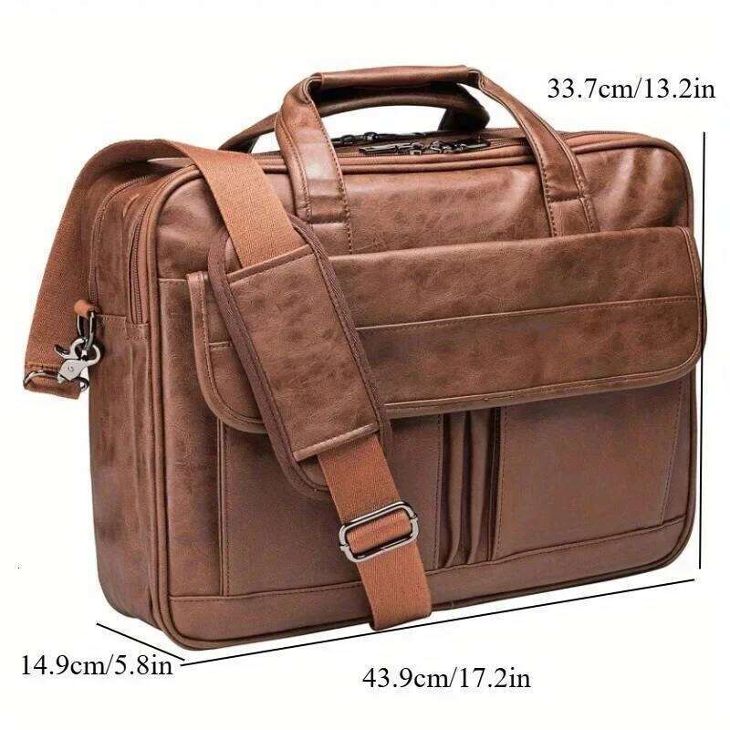 Vintage Messenger For Men 17 Inch Laptop Briefcase Multi Pocket Faux Leather Shoulder Business Crossbody Bag Travel