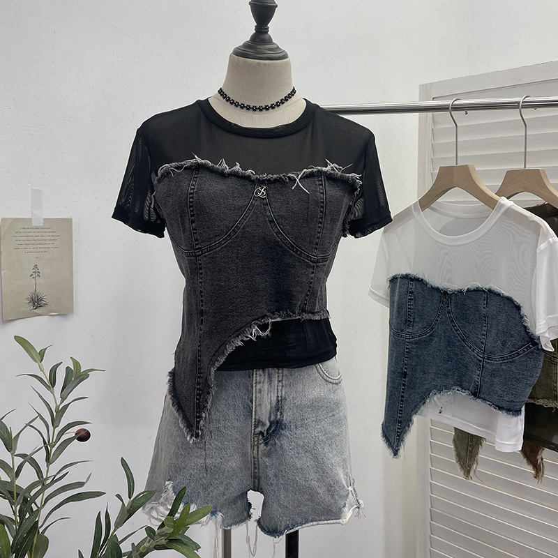 2025 Summer new women's T-shirt denim splicing niche short sleeved T-shirt summer fashion irregular high waist slim fit top new designer T-shirt