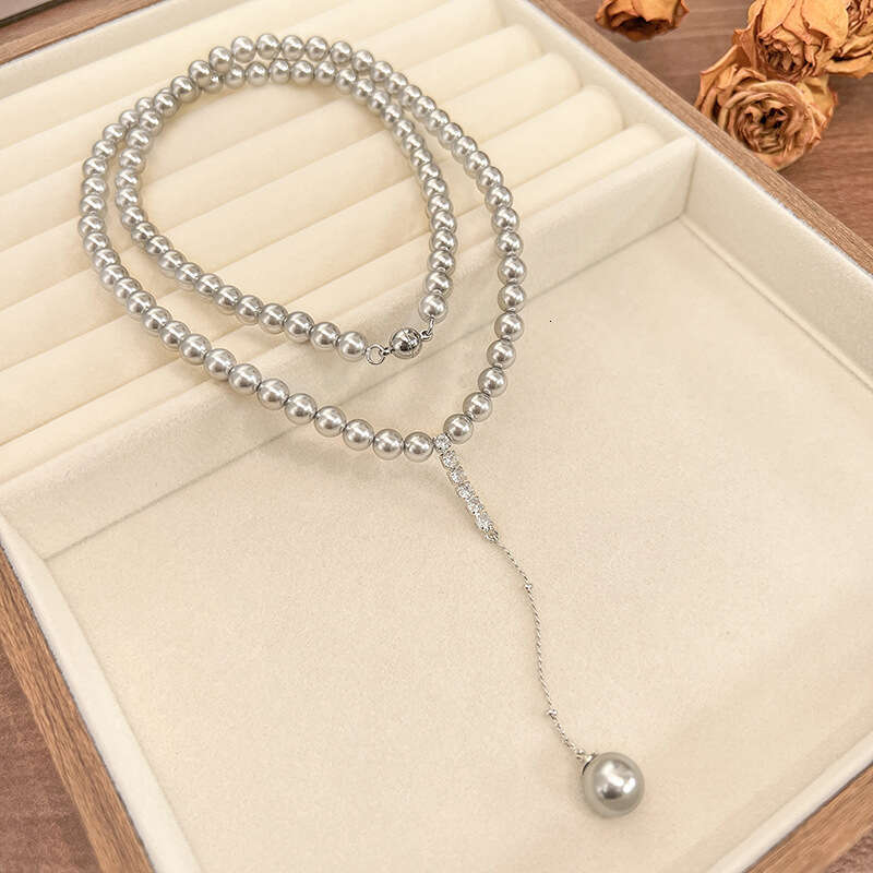 Straight S Sier Needle Imitation Pearl Set Necklace And Earrings For Women Versatile Elegant High-End Feel 684