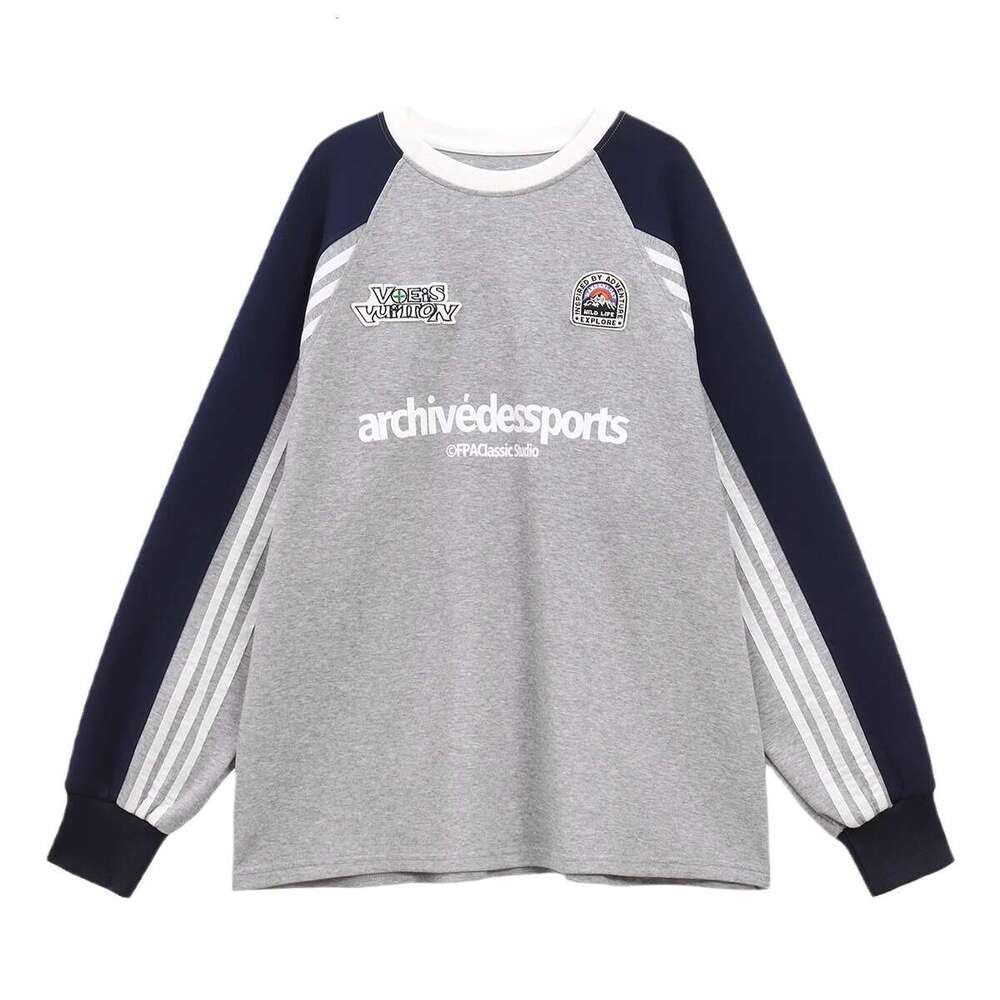 American Style Plus Size Color Block Three-Stripe Crew Neck Sweatshirt Women With Letter Print Design Sense Niche Top For Couples B5