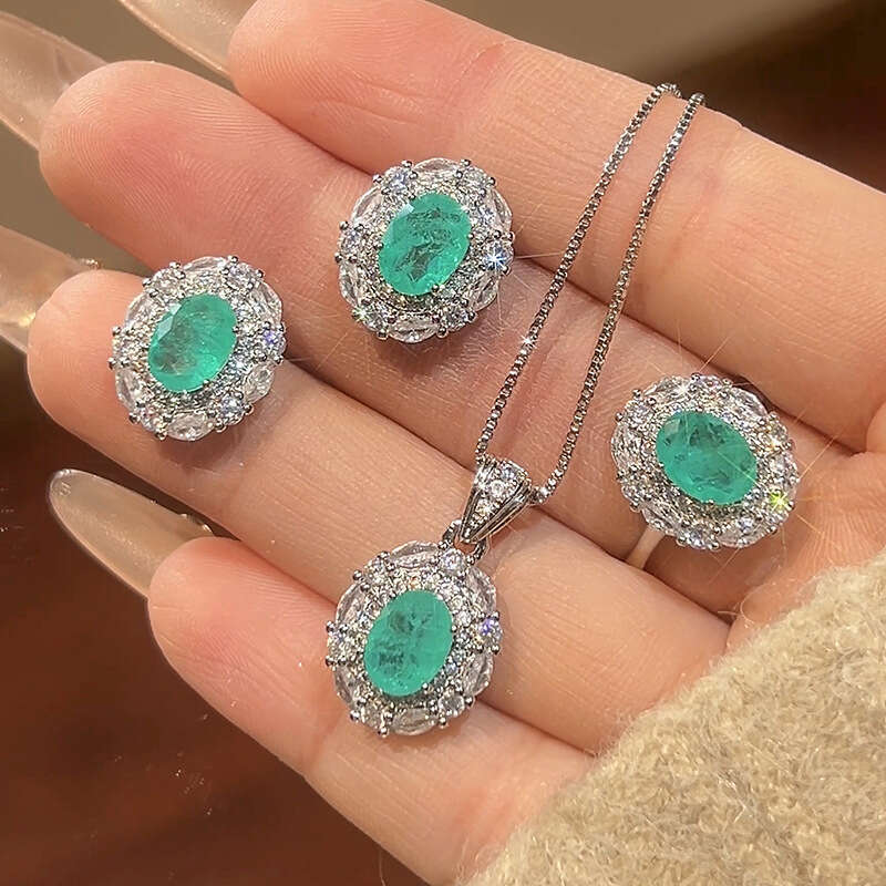 Huayoumei Jewelry New Set S Sier Needle Earrings Necklace Imitation Paraiba Emerald Women's Style D18